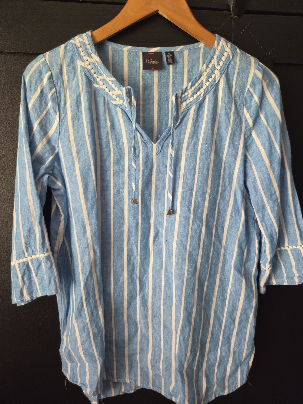 Women's Rafaella Light Blue and White Striped Linen Top ~ Size Small